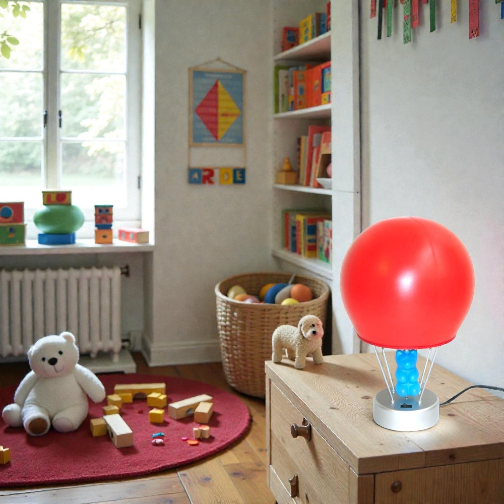 Tischleuchte Empur rot Heißluftballon und drehender Bär 