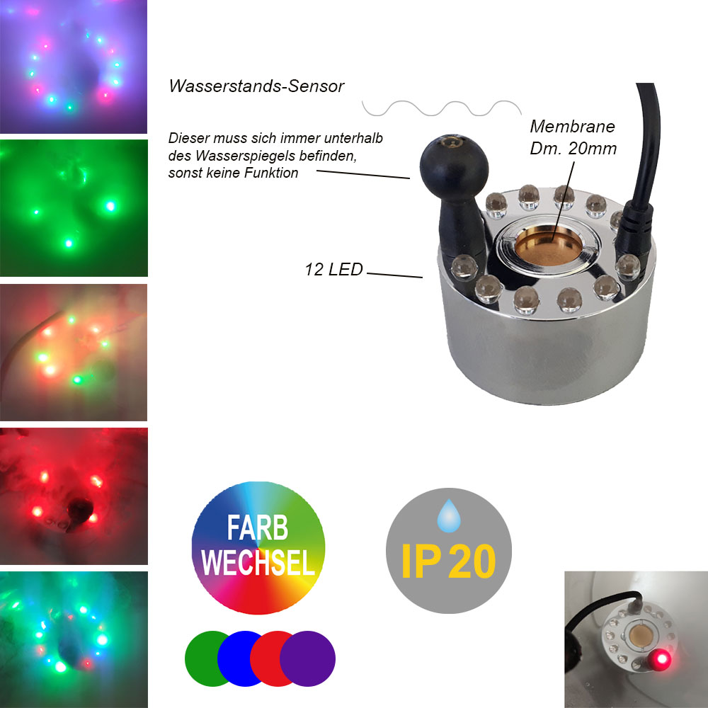 LED Vernebler mit Trafo 24V Luftbefeuchter 12 LED farbwechselnd + Netzteil