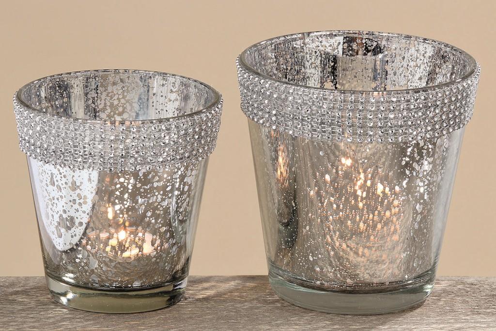 2 x Glas Windlichter im Set Joyce silberfarben mit Glitzerrand Geschenkidee 