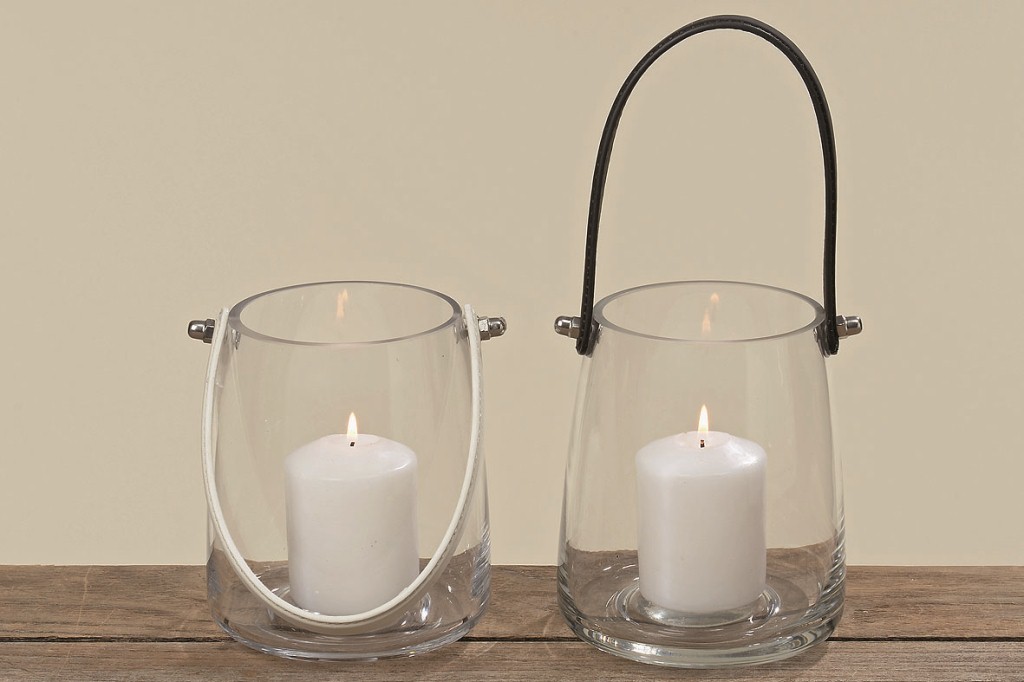Glas Windlicht Jacky mit Lederhenkel Teelichthalter Kerzenhalter Tischdekoration