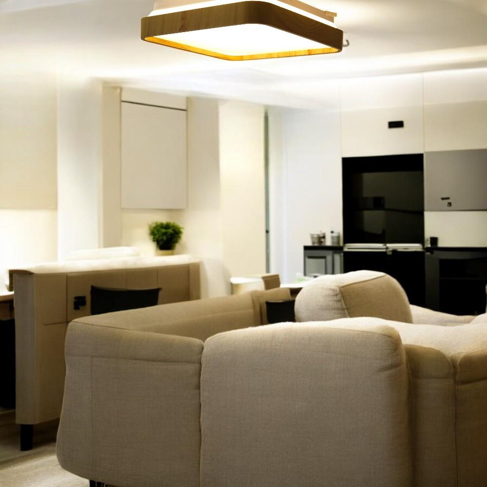 Moderne LED Dekenleuchte Senja viereck 28cm holzoptik/weiß