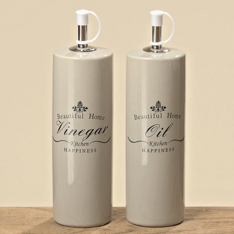 Essig-Öl Flasche Home 2 tlg. Steingut grau