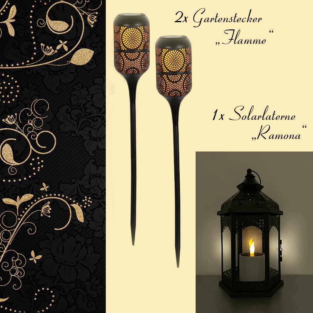Solar-Set: 1 x Laterne Ramona + 2 x Solarspieß mit Flammeneffekt