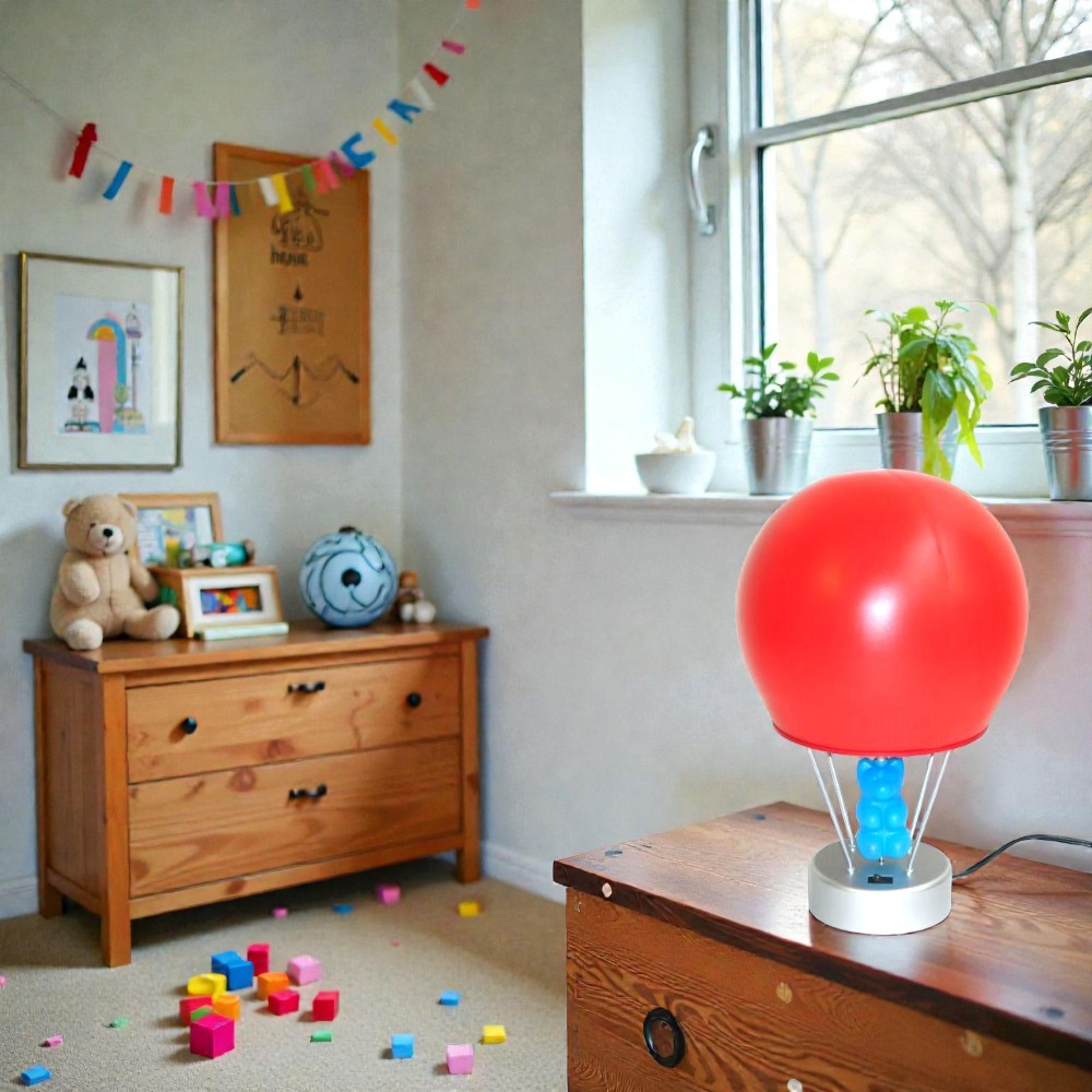 Tischleuchte Empur rot Heißluftballon und drehender Bär 