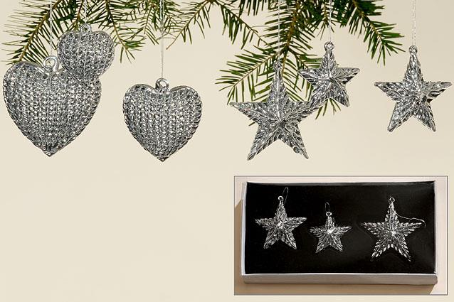 Weihnachtsbaumhänger Herzen & Sterne aus Metall im 2 x 3er Set