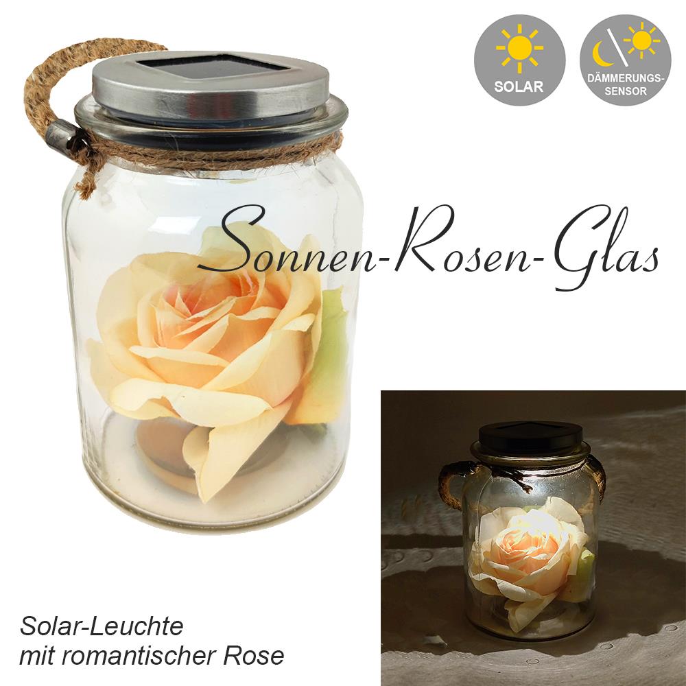 LED-Solar-Außen-Tisch-Leuchte-Lampe SONNEN-ROSEN-GLAS mit Stoffrose