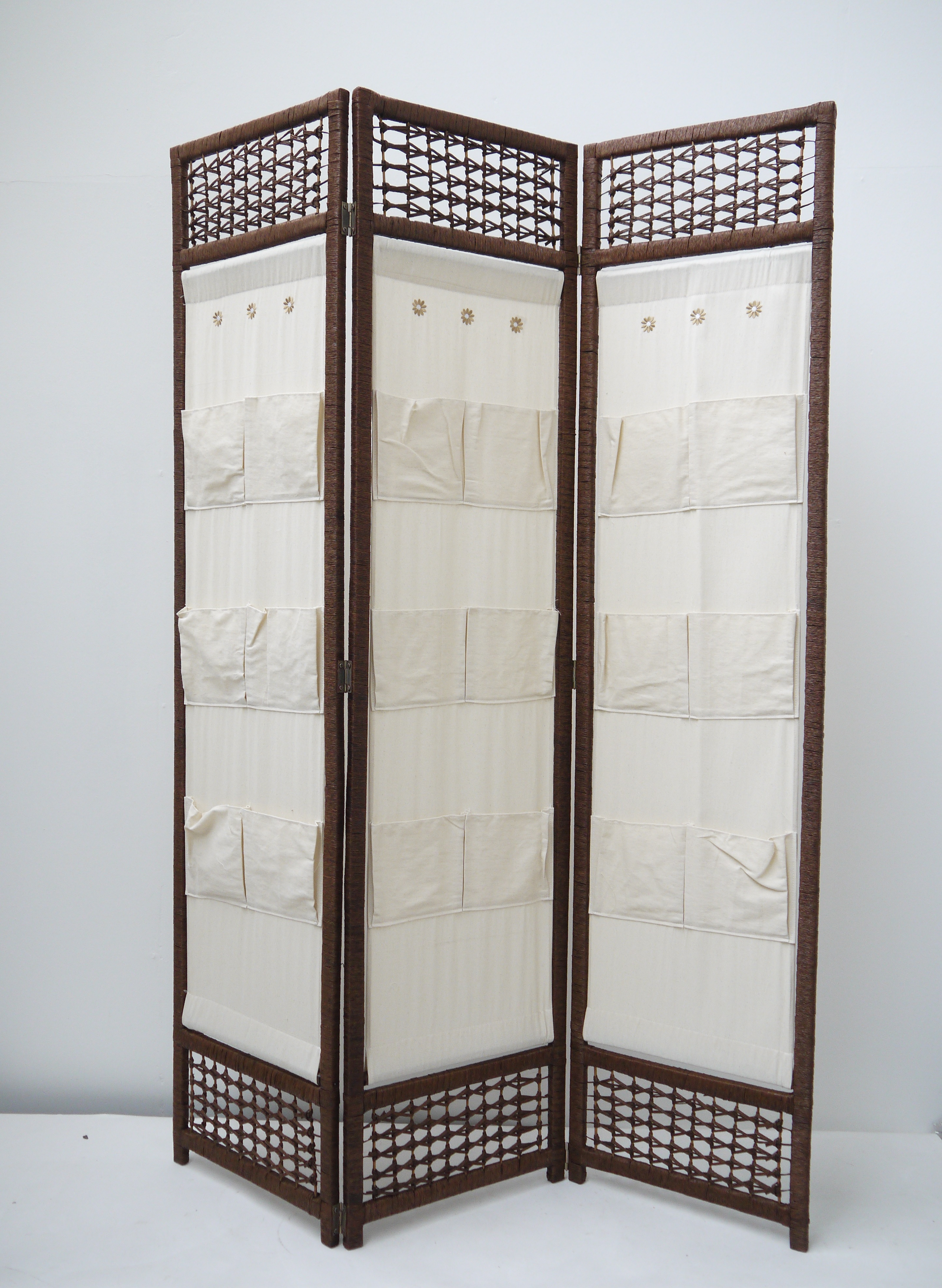 Raumteiler Paravent 120x167cm in Rattan-Optik Trennwand 3 x 40cm Sichtschutz 3-teilig mit Staufächer