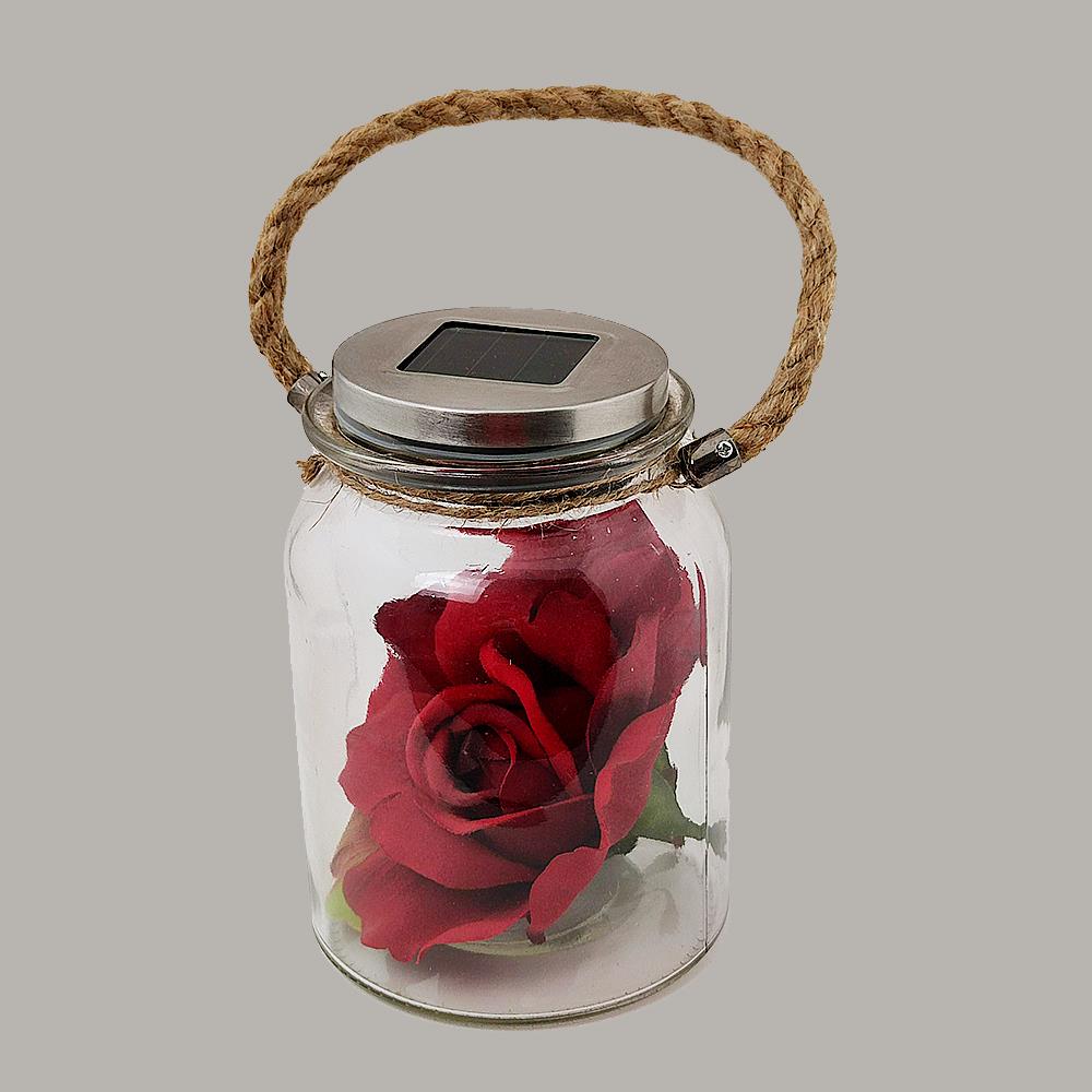 LED-Solar-Außen-Tisch-Leuchte-Lampe SONNEN-ROSEN-GLAS mit Stoffrose