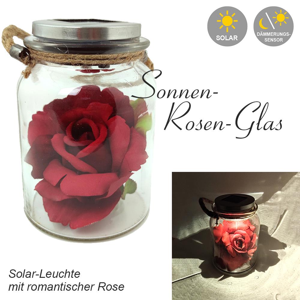 LED-Solar-Außen-Tisch-Leuchte-Lampe SONNEN-ROSEN-GLAS mit Stoffrose