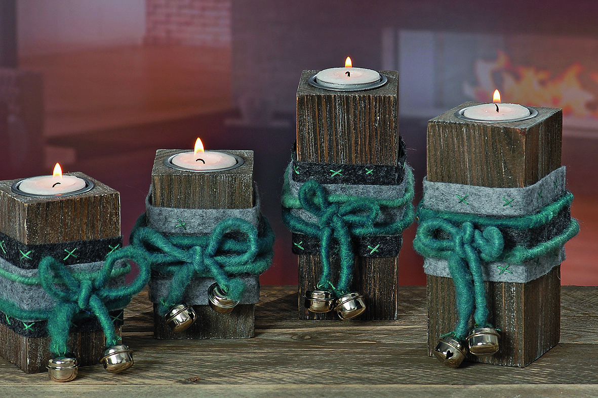 2 x Teelichthalter Mena aus Holz mit Filzband und Dekoglöckchen Kerzenhalter