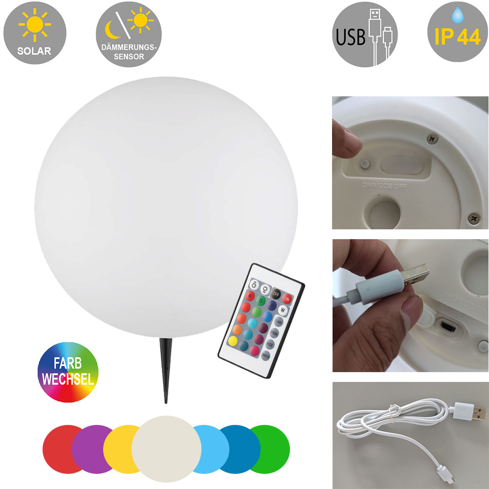 Hochwertige LED-Solarkugel-Leuchte BIRTA mit Spieß, USB-Kabel und Fernbedienung
